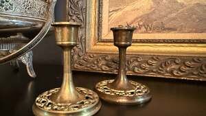 Vintage Pair of Filigree Base Solid Brass Candlestick Holders 4 Inch